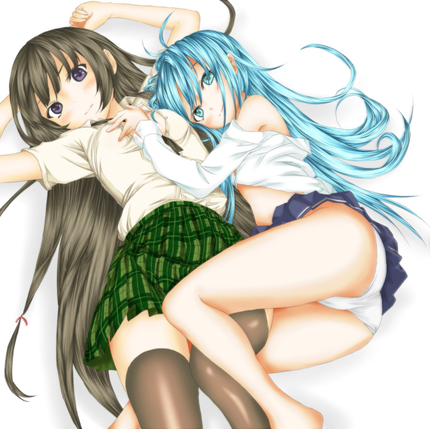 2girls ass ayase_tamaki bad_id bad_pixiv_id bare_legs black_hair black_thighhighs blue_eyes blue_hair blue_skirt blush boku_wa_tomodachi_ga_sukunai creator_connection crossover denpa_onna_to_seishun_otoko green_skirt highres long_hair looking_at_viewer lying mikazuki_yozora miniskirt multiple_girls on_back on_side open_clothes open_shirt panties plaid plaid_skirt pleated_skirt purple_eyes school_uniform shirt simple_background skirt smile st._chronica_academy_school_uniform striped_clothes striped_skirt thighhighs touwa_erio underwear very_long_hair white_panties