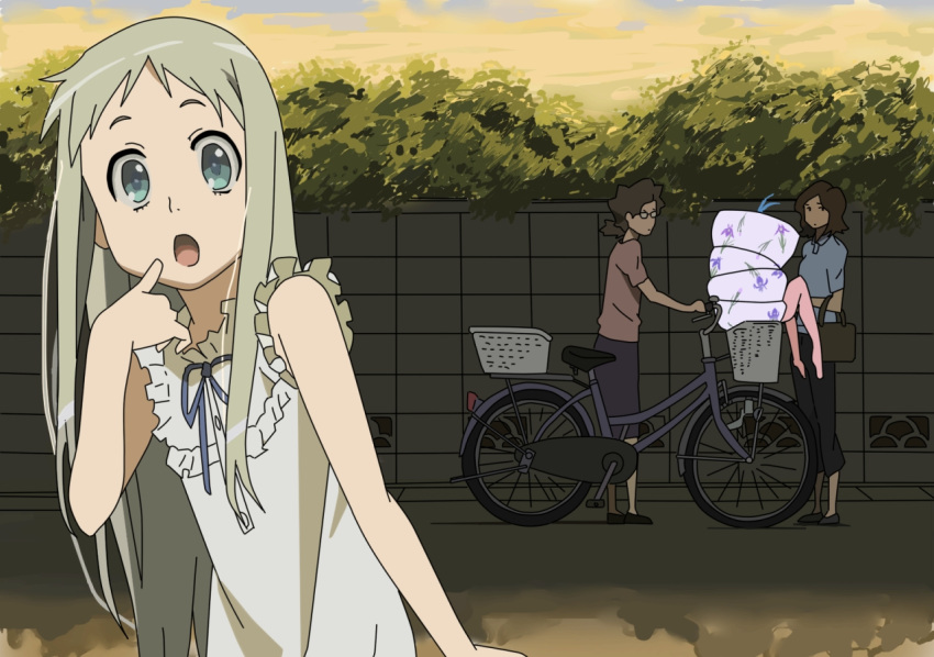 4girls :o ano_hi_mita_hana_no_namae_wo_bokutachi_wa_mada_shiranai. antenna_hair bag basket bicycle bicycle_basket blue_eyes brown_hair bush commentary_request crossover denpa_onna_to_seishun_otoko dress finger_to_mouth futon glasses grey_hair handbag hiding honma_meiko in_basket long_hair looking_at_viewer multiple_girls neck_ribbon open_mouth outdoors retaining_wall ribbon short_sleeves sleeveless sleeveless_dress standing takahiro_(rikky) touwa_erio vector_trace very_long_hair white_dress