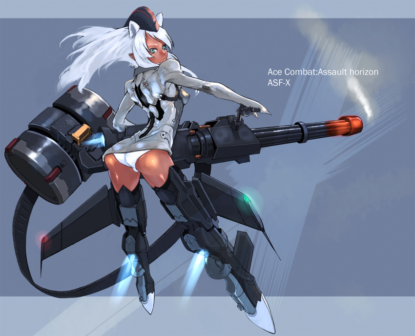 ace_combat ace_combat_assault_horizon animal_ears asf-x_shinden_ii ass belt_feed bigegg bodysuit exhaust extra_ears garrison_cap gatling_gun green_eyes gun hat highres looking_back minigun personification pointy_ears solo steam weapon white_hair