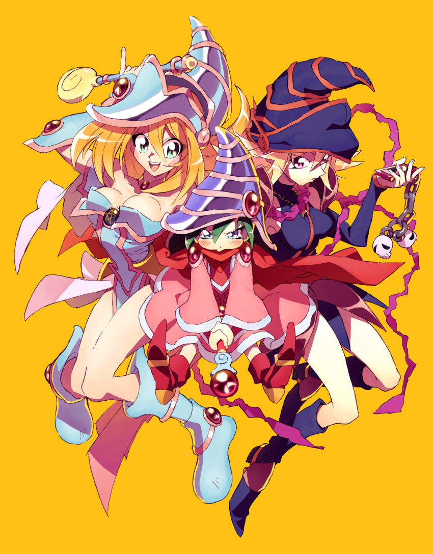 3girls abcrambon bad_id bad_pixiv_id blonde_hair blue_footwear blush boots breasts cape card_ejector cellphone dark_magician_girl duel_monster gagaga_girl green_eyes green_hair hat highres long_hair medium_breasts multiple_girls orange_background pentacle pentagram phone pink_hair skirt skull staff witch wizard_hat yu-gi-oh! yu-gi-oh!_gx yu-gi-oh!_zexal