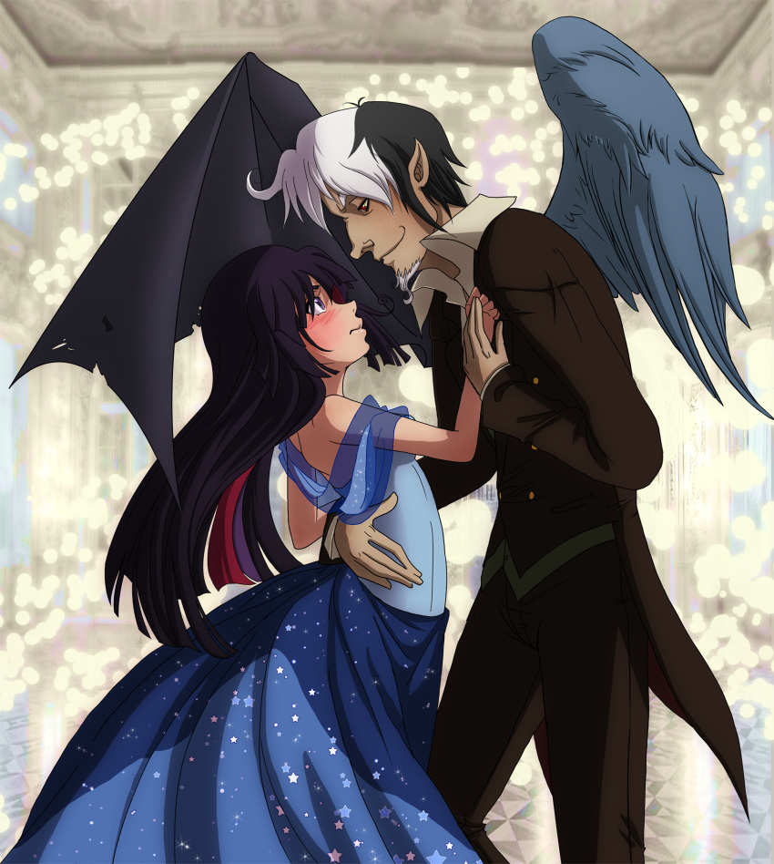 1boy asymmetrical_wings bare_shoulders blunt_bangs blush dancing discord_(my_little_pony) dress evening_gown eye_contact facial_hair female formal goatee height_difference highres kayla_marquez looking_at_another md5_mismatch multicolored_hair my_little_pony my_little_pony:_friendship_is_magic personification pointy_ears purple_eyes purple_hair red_eyes resolution_mismatch shawl smile source_smaller star_(symbol) straight streaked_hair tuxedo twilight_sparkle_(mlp) wings