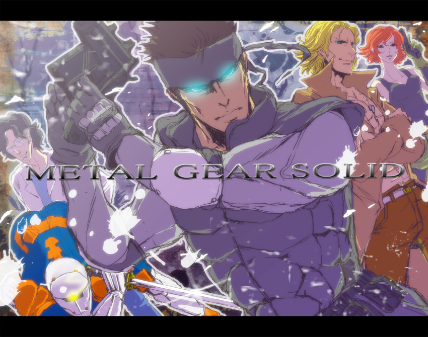 4boys armor bad_id bad_pixiv_id bandana blonde_hair blue_eyes brown_hair coat cyborg cyborg_ninja dog_tags glasses glowing glowing_eyes gray_fox grey_hair gun hal_emmerich highres jewelry lab_coat letterboxed liquid_snake male_focus meryl_silverburgh metal_gear_(series) metal_gear_solid multiple_boys necklace nicoxxxxx ninja photoshop_(medium) red_hair solid_snake trench_coat weapon