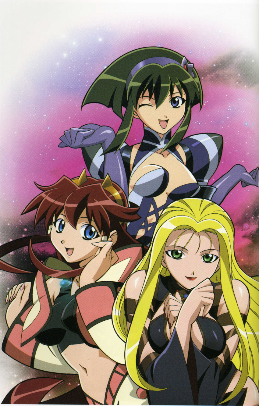 3girls absurdres arms_up bare_shoulders barnette_orangello between_breasts blonde_hair blue_eyes bouncing_breasts breasts center_opening choker cleavage crop_top dita_liebely gloves green_eyes green_hair hair_ornament highres impossible_clothes impossible_shirt jacket jewelry jura_basil_elden kuroda_kazuya lipstick long_hair looking_at_viewer makeup medium_breasts midriff multiple_girls no_bra open_mouth pendant red_hair shirt short_hair smile space star_(symbol) tank_top vandread