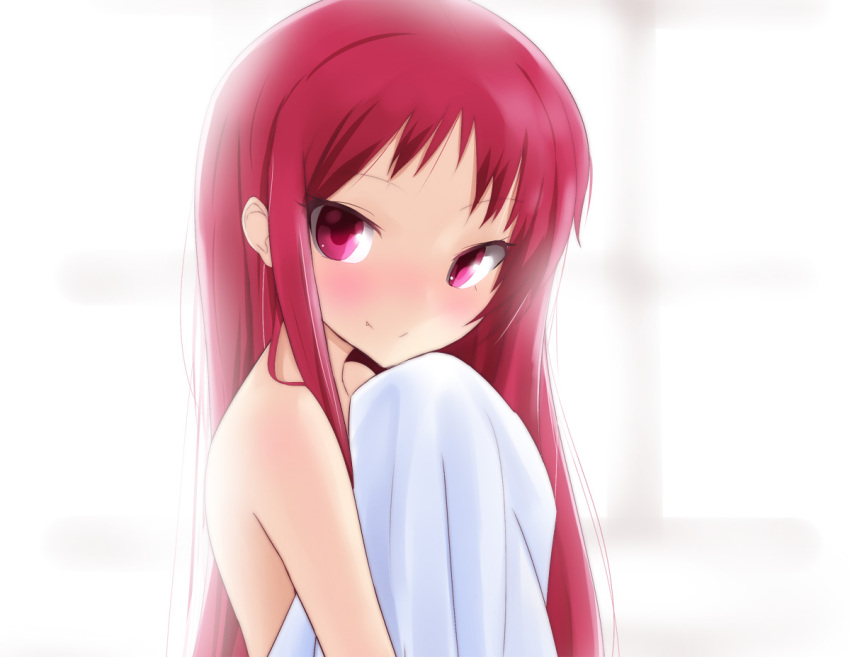 bad_id bad_pixiv_id bed_sheet blush female long_hair looking_at_viewer mahou_shoujo_madoka_magica mahou_shoujo_madoka_magica_(anime) masamuuu naked_sheet no_nose oerba_yun_fang photoshop_(medium) red_eyes red_hair sakura_kyoko smile solo