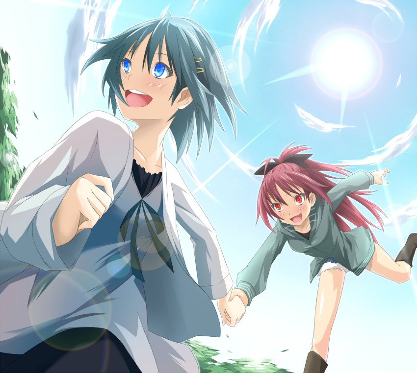 2girls bad_id bad_pixiv_id blue_eyes blue_hair blush cloud day gara_ayuri highres long_hair mahou_shoujo_madoka_magica mahou_shoujo_madoka_magica_(anime) miki_sayaka multiple_girls oerba_yun_fang ponytail red_eyes red_hair sakura_kyoko short_hair sky sun