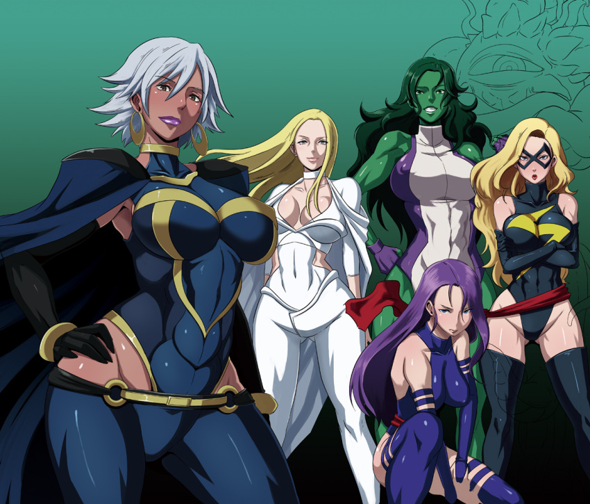 5girls animification blonde_hair breasts butcha-u cape carol_danvers cleavage colored_skin commentary_request dark-skinned_female dark_skin earrings emma_frost green_hair green_skin grey_hair impossible_clothes jennifer_walters jewelry large_breasts lipstick makeup marvel mask md5_mismatch ms._marvel multiple_girls photoshop_(medium) psylocke purple_hair resolution_mismatch sash she-hulk shuma_gorath storm_(x-men) very_dark_skin x-men x-men_(anime)