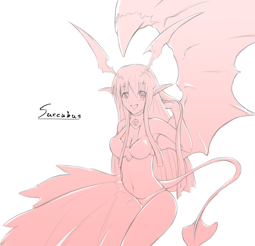 bare_shoulders bikini breasts cleavage demon_girl highres long_hair looking_at_viewer lord_of_vermilion midriff monochrome navel pointy_ears single_wing smile solo succubus succubus_(lord_of_vermilion) swimsuit tail wings