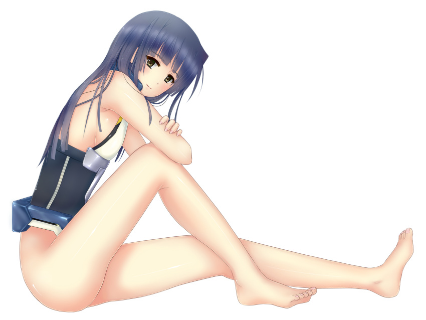 bad_id bad_pixiv_id bare_legs bare_shoulders barefoot blue_hair bodysuit feet female flat_chest full_body highres honda_masazumi kyoukaisenjou_no_horizon leaning_forward long_hair looking_at_viewer mizuki_miyu simple_background sitting solo toes yellow_eyes