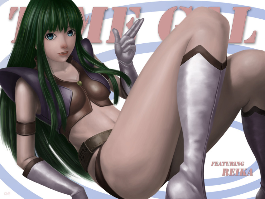 arm_support bad_id bad_pixiv_id belt blue_eyes boots control5 female gesture gloves green_hair highres jacket leaning_back long_hair midriff nyomi panties photoshop_(medium) reika_(time_gal) sitting solo time_gal underwear