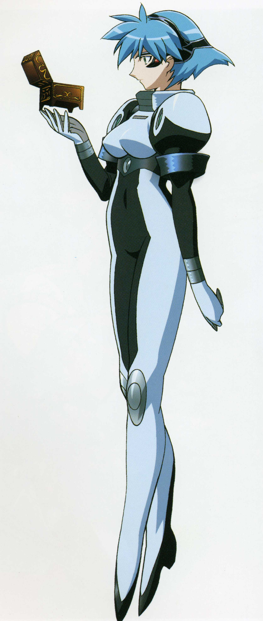 absurdres blue_hair bodysuit female floating green_eyes hair_ornament highres jewelry kuroda_kazuya legs light_blue_hair long_legs meia_gisborn music_box official_art profile scan short_hair solo spacesuit vandread