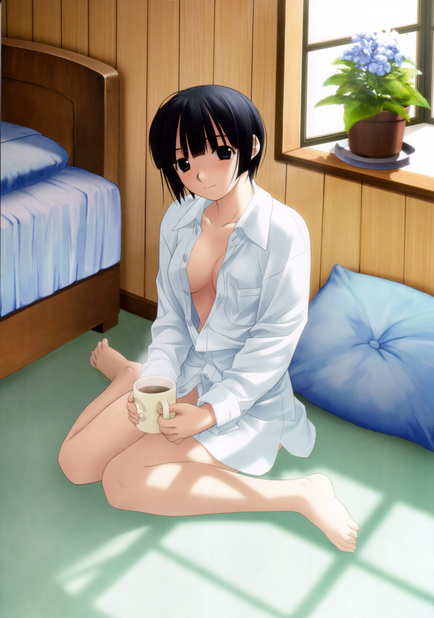 absurdres bare_legs barefoot bed black_eyes black_hair bottomless breasts coffee_mug cup dress_shirt feet hashimoto_takashi highres ichinose_mio light medium_breasts mug naked_shirt no_bra no_pants on_floor open_clothes open_shirt pillow plant potted_plant shirt short_hair sitting solo underwear wariza white_breath window_shade