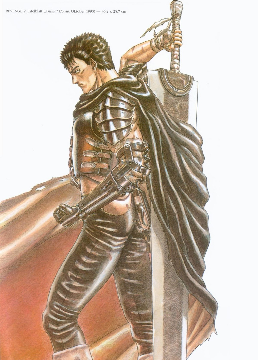 armor bandage bandages berserk black_hair cape dragonslayer_(sword) guts highres huge_weapon kentaro_miura miura_kentarou prosthesis sword weapon