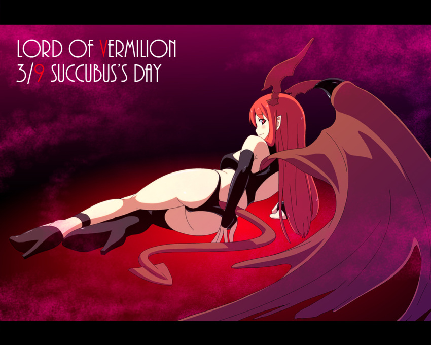 arm_support ass asymmetrical_clothes asymmetrical_clothing back bare_shoulders chu_(artist) demon_girl elbow_gloves gloves high_heels long_hair looking_back lord_of_vermilion pointy_ears red_eyes red_hair shoes single_wing smile solo succubus succubus_(lord_of_vermilion) tail wallpaper wings