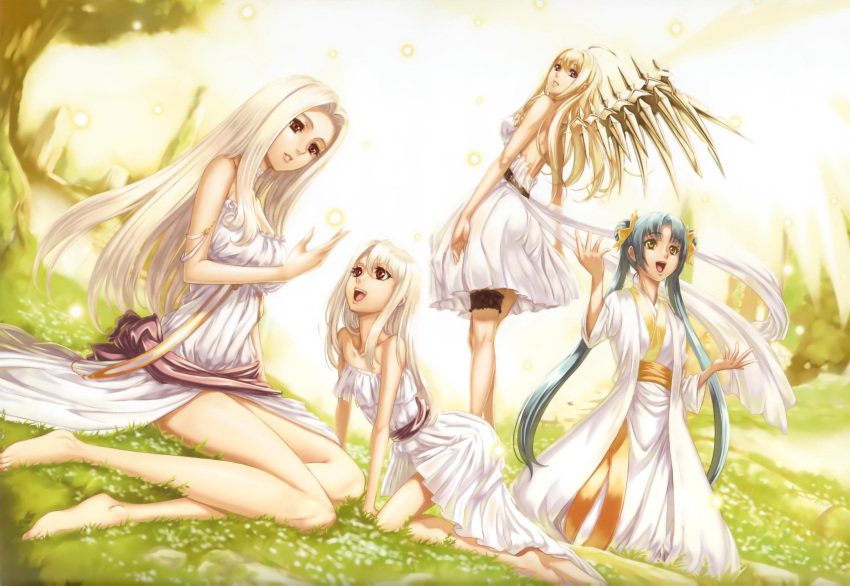 4girls absurdres ahoge all_fours anna_(gekkou_no_carnevale) bare_legs bare_shoulders barefoot blonde_hair chinese_clothes crossover dress eiwa fate/zero fate_(series) gekkou_no_carnevale grass green_hair highres illyasviel_von_einzbern irisviel_von_einzbern kikokugai kong_ruili long_hair mother_and_daughter multiple_girls nitroplus red_eyes strapless strapless_dress thigh_strap twintails white_hair wings yellow_eyes