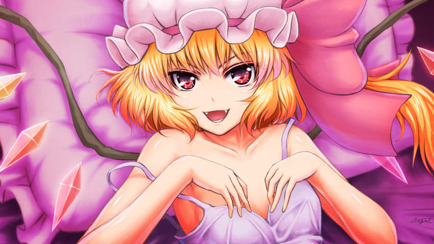 blonde_hair commentary_request dress fangs female flandre_scarlet frilled_pillow frills hands_on_own_chest hat hat_ribbon highres lying nazal nightgown off_shoulder on_back open_mouth photoshop_(medium) pillow purple_dress red_eyes ribbon short_hair side_ponytail signature smile solo strap_slip touhou wings