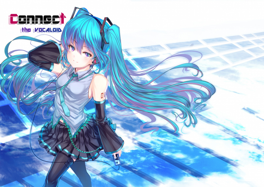 aqua_eyes aqua_hair black_skirt commentary_request detached_sleeves digital_media_player female hatsune_miku headphones long_hair miniskirt necktie pleated_skirt shiokonbu skirt smile solo striped_clothes striped_skirt thighhighs twintails very_long_hair vocaloid