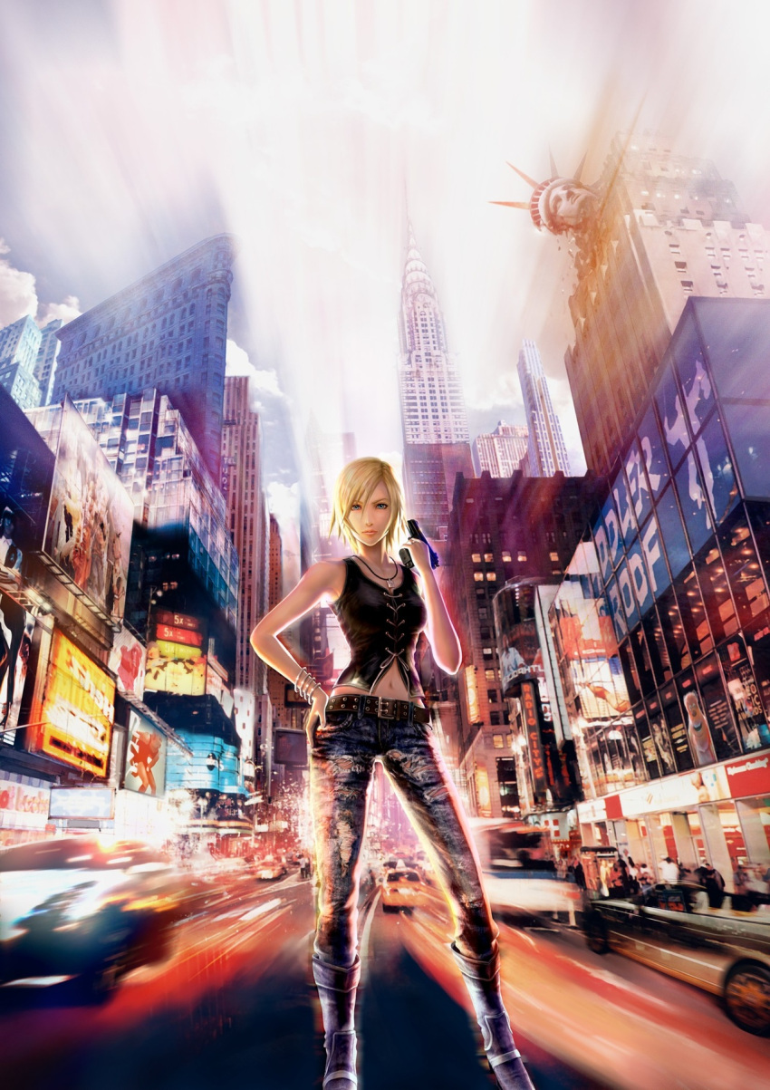 aya_brea bare_shoulders blonde_hair blue_eyes boots bracelet chrysler_building city city_lights denim female gun hand_on_own_hip handgun highres jeans jewelry midriff motion_blur navel necklace new_york_city official_art pants parasite_eve parasite_eve_the_3rd_birthday short_hair statue_of_liberty times_square torn_clothes weapon