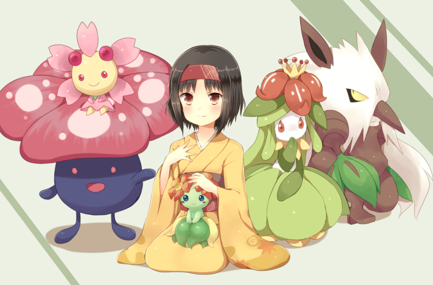 bellossom black_hair brown_eyes cherrim cherrim_(sunshine) commentary_request erika_(pokemon) female furisode hairband highres japanese_clothes kimono leaf_fan lilligant moe_(hamhamham) pokemon pokemon_(creature) pokemon_hgss seiza shiftry sitting smile vileplume yellow_kimono