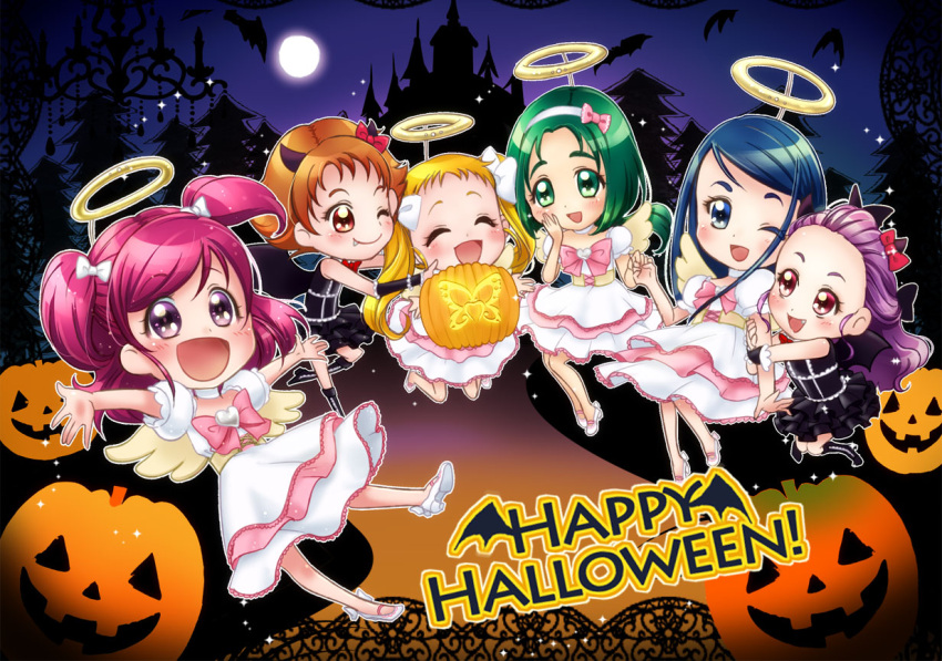 6+girls :d ^_^ akimoto_komachi bad_id bad_pixiv_id blonde_hair blue_eyes blue_hair bow brown_eyes brown_hair chibi closed_eyes commentary_request dress galibo green_eyes green_hair halloween happy heart horns jack-o'-lantern kasugano_urara_(yes!_precure_5) long_hair milk_(yes!_precure_5) mimino_kurumi minazuki_karen moon multiple_girls natsuki_rin night one_eye_closed open_mouth pink_hair precure pumpkin purple_eyes purple_hair red_eyes ribbon shoes short_hair short_twintails smile twintails yes!_precure_5 yes!_precure_5_gogo! yumehara_nozomi