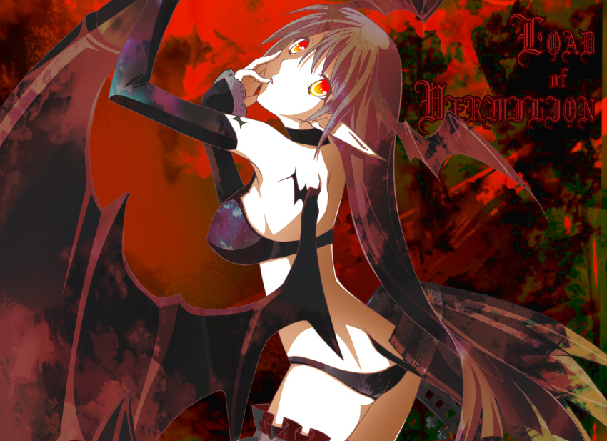 back bare_shoulders breasts demon_girl elbow_gloves gloves glowing glowing_eyes highres large_breasts long_hair looking_back lord_of_vermilion orange_eyes pointy_ears red_hair single_wing solo succubus succubus_(lord_of_vermilion) tail wings