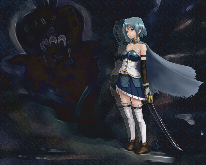 bare_shoulders blue_eyes blue_hair cape commentary_request darkness dress female full_body highres mahou_shoujo_madoka_magica mahou_shoujo_madoka_magica_(anime) miki_sayaka miki_sayaka_(magical_girl) oktavia_von_seckendorff rasukaru sad serious shoes short_hair spoilers sword tears thighhighs weapon white_legwear zettai_ryouiki