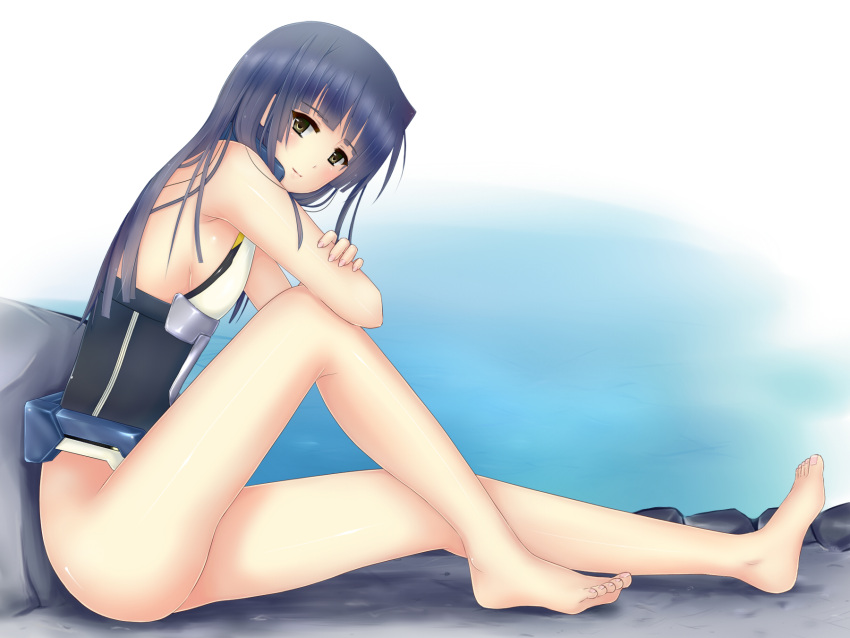 bad_id bad_pixiv_id bare_legs bare_shoulders barefoot blue_hair bodysuit feet female flat_chest full_body highres honda_masazumi kyoukaisenjou_no_horizon long_hair looking_at_viewer mizuki_miyu solo toes yellow_eyes