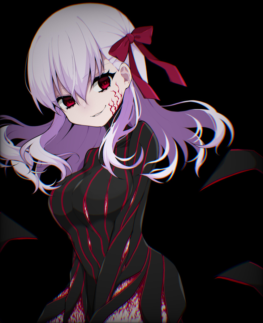 black_background black_dress body_markings breasts dark_persona dark_sakura dress fate/stay_night fate_(series) female hair_between_eyes hair_ribbon heaven's_feel highres large_breasts long_hair long_sleeves looking_at_viewer matou_sakura red_eyes red_ribbon ribbon simple_background solo striped takae_(poupee_en_biscuit) white_hair