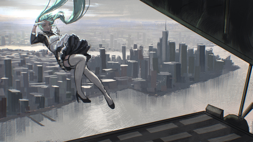 airplane_interior alternate_costume apron black_footwear black_garter_straps black_thighhighs blue_eyes boots cityscape commentary english_commentary enmaided female flat_chest floating_hair garter_straps gloves green_hair grey_sky hatsune_miku high_heels highres jumping long_hair looking_at_viewer maid maid_apron new_york_city one_world_trade_center over-kneehighs salute sky solo thigh_boots thighhighs thighhighs_under_boots twintails vertigris very_long_hair vocaloid white_apron white_footwear white_gloves