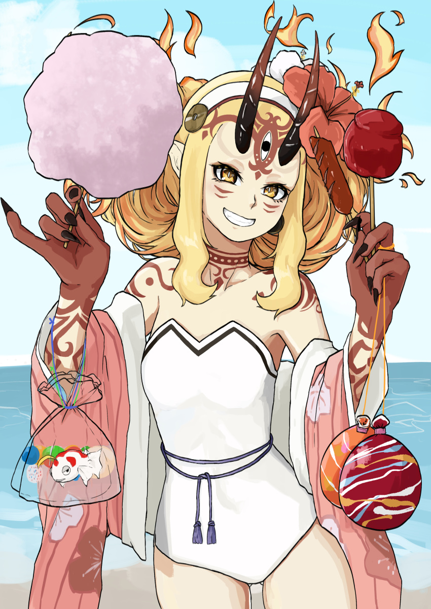 absurdres bag bagged_fish bare_shoulders beach blonde_hair blue_sky breasts candy_apple cotton_candy day facial_mark fate/grand_order fate_(series) female fingernails fish floral_print food forehead forehead_mark goldfish grin hairband highres horns ibaraki_douji_(fate) ibaraki_douji_(swimsuit_lancer)_(fate) ibaraki_douji_(swimsuit_lancer)_(second_ascension)_(fate) japanese_clothes kimono long_hair long_sleeves looking_at_viewer off_shoulder one-piece_swimsuit oni oni_horns open_clothes open_kimono pink_kimono pointy_ears sanada_ina sausage sharp_fingernails sidelocks skewer sky small_breasts smile strapless strapless_one-piece_swimsuit swimsuit tattoo water_balloon white_one-piece_swimsuit wide_sleeves yellow_eyes