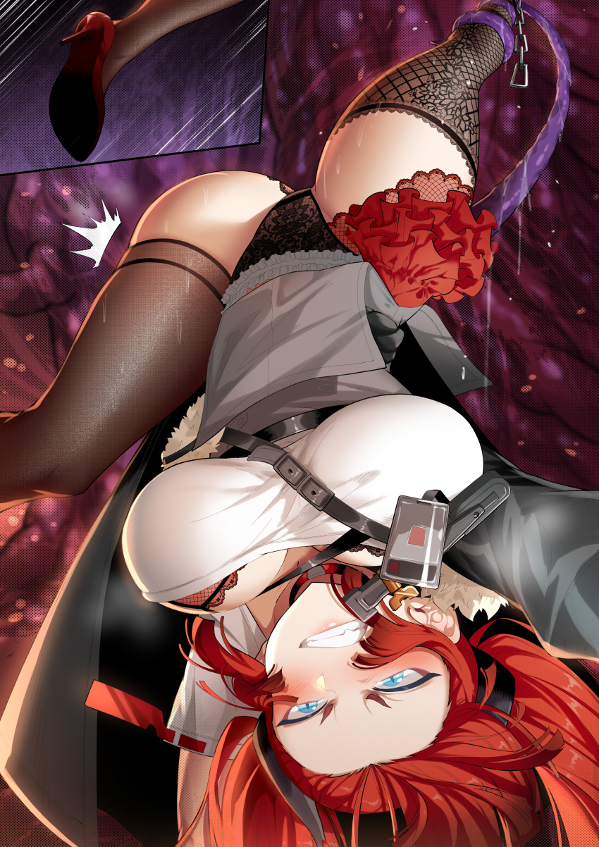 absurdres arknights asymmetrical_clothes black_panties blue_eyes bra bra_peek breasts choker clenched_teeth female half-skirt high_heels highres large_breasts leg_hold long_hair lsc5 panties pantyshot red_choker red_hair teeth tentacle thighhighs toddifons_(arknights) twintails underwear upside-down