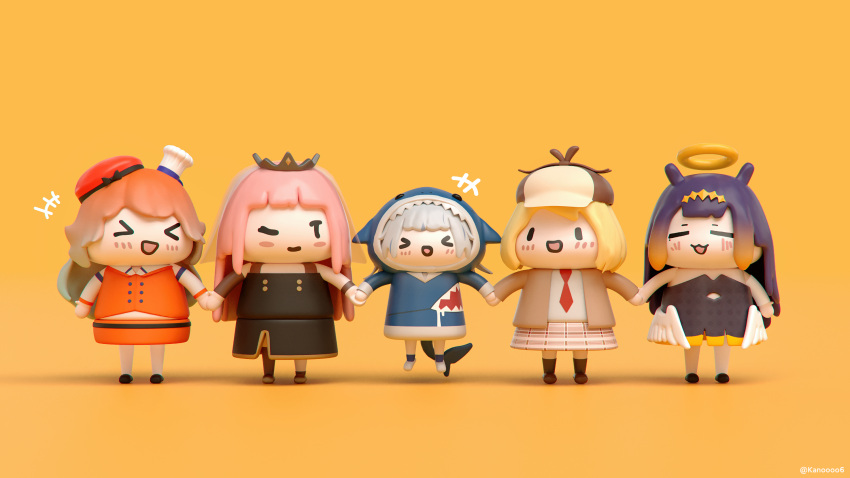 >_< +++ 3d 5girls :3 :d =_= animal_costume animal_hood artist_name beret black_dress blonde_hair blue_hair blue_hoodie blunt_bangs blush_stickers chef_hat chibi commentary deerstalker detective dress english_commentary fins fish_tail full_body gawr_gura gawr_gura_(1st_costume) gradient_hair green_hair halo hat highres holding_hands hololive hololive_english holomyth hood hoodie kanoooooo long_hair long_sleeves looking_at_another mole mole_under_eye mori_calliope mori_calliope_(1st_costume) multicolored_hair multiple_girls necktie ninomae_ina'nis ninomae_ina'nis_(1st_costume) one_eye_closed open_mouth orange_background orange_hair parody pink_hair plaid plaid_skirt purple_hair red_necktie shark_costume shark_hood shark_tail sidelocks simple_background skirt smile smol_ame smol_calli smol_gura smol_ina smol_kiara standing streaked_hair style_parody tail takanashi_kiara takanashi_kiara_(1st_costume) tentacle_hair tiara twitter_username veil virtual_youtuber walfie_(style) watson_amelia watson_amelia_(1st_costume) xd