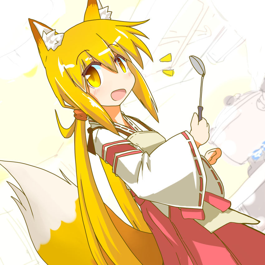 :d alternate_costume animal_ears apron blonde_hair commentary_request cooking cosplay female fox_ears fox_girl fox_tail hakama hakama_skirt highres japanese_clothes kantai_collection kemonomimi_mode ladle looking_at_viewer low_twintails miko open_mouth red_hakama satsuki_(kancolle) scrunchie senko_(sewayaki_kitsune_no_senko-san) senko_(sewayaki_kitsune_no_senko-san)_(cosplay) sewayaki_kitsune_no_senko-san skirt smile tail twintails ver_norma2 yellow_eyes