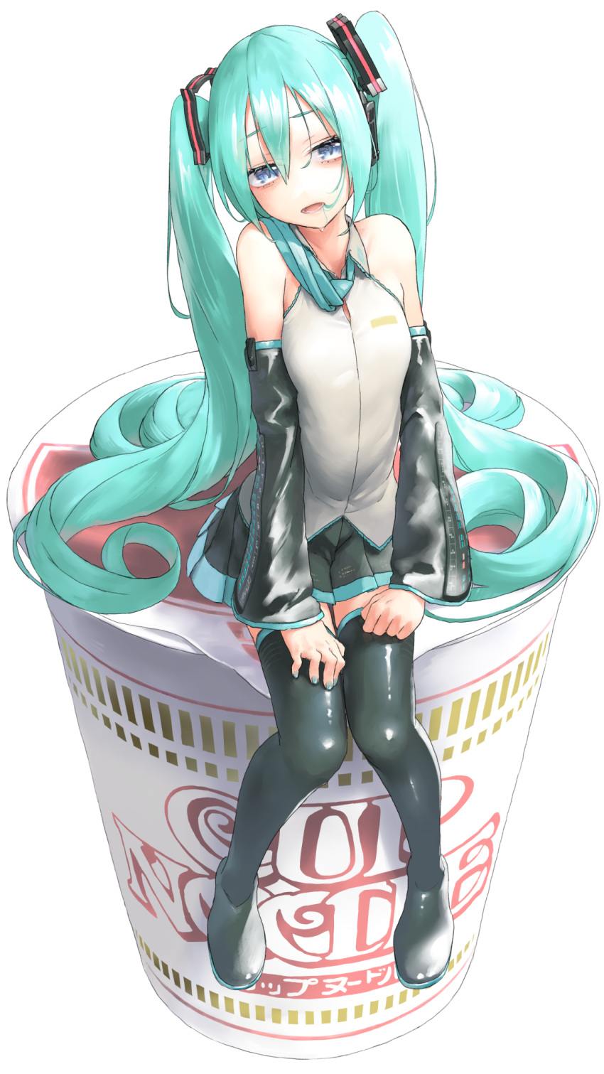 aqua_hair aqua_nails aqua_necktie bad_id bad_pixiv_id bare_shoulders black_skirt black_sleeves black_thighhighs blue_eyes boots breasts commentary detached_sleeves drooling female full_body grey_shirt hair_ornament half-closed_eyes hands_on_own_thighs hatsune_miku headphones highres long_hair looking_at_viewer nail_polish necktie nissin_cup_noodle noodle_stopper open_mouth rsk_(tbhono) shirt sitting skirt sleeveless sleeveless_shirt small_breasts solo thigh_boots thighhighs twintails very_long_hair vocaloid white_background zettai_ryouiki