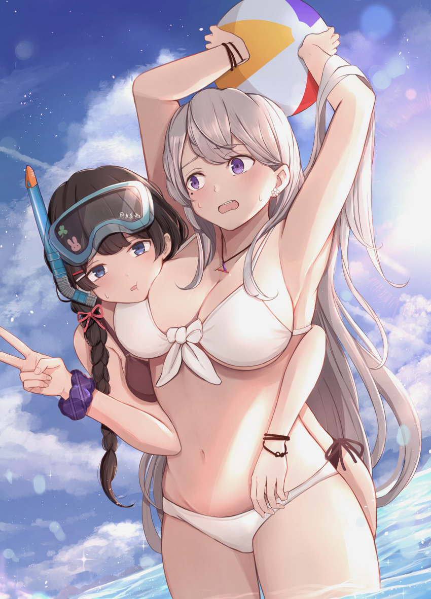 2girls absurdres arms_up bad_id bad_pixiv_id ball beachball belly bikini black_bikini black_hair blue_eyes blue_sky braid breasts cloud cowboy_shot day diving_mask diving_mask_on_head dodon_gadon face_to_breasts goggles goggles_on_head grey_hair hair_over_shoulder highres higuchi_kaede large_breasts looking_at_viewer mole mole_under_eye multiple_girls nijisanji outdoors plaid plaid_scrunchie purple_eyes purple_scrunchie scrunchie side-tie_bikini_bottom single_braid sky snorkel standing sun swimsuit thighs tsukino_mito virtual_youtuber