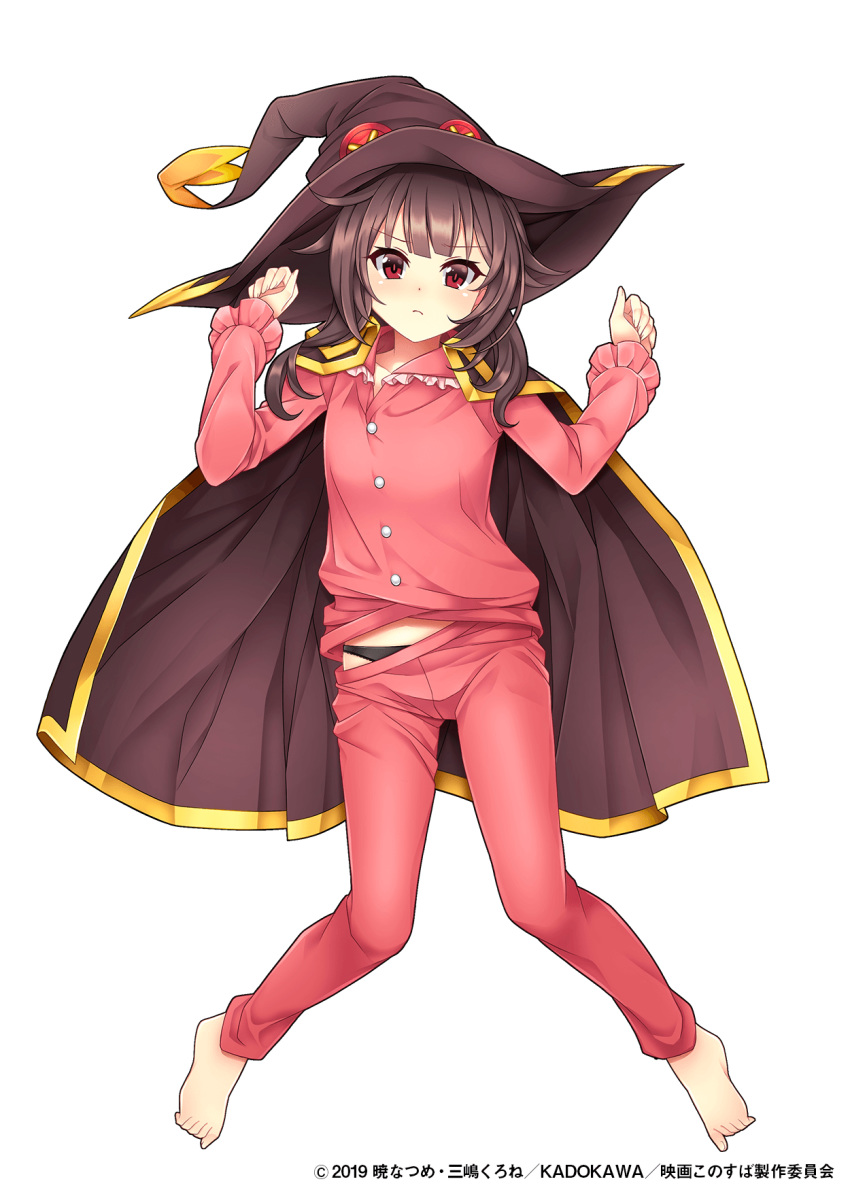 barefoot black_hat black_panties breasts brown_hair cloak commentary_request crossover edamame_senpai female full_body hat highres kono_subarashii_sekai_ni_shukufuku_wo! long_sleeves looking_at_viewer medium_hair megumin official_art pajamas panties pants panty_peek red_eyes small_breasts solo transparent_background underwear vivid_army watermark witch_hat