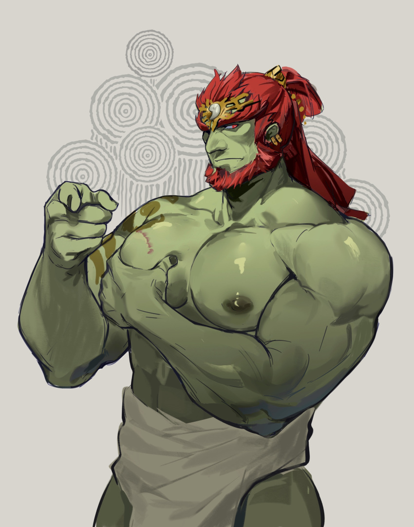 1boy abs absurdres bad_id bad_weibo_id bara bite_mark colored_skin cowboy_shot crown ganondorf grabbing green_skin hand_up highres kuroshima_kurishiro_(muyi24108414) large_pectorals long_hair looking_at_viewer male_focus mature_male muscular muscular_male nipples pectoral_grab pectorals pointy_ears ponytail red_hair shiny_skin solo the_legend_of_zelda the_legend_of_zelda:_tears_of_the_kingdom