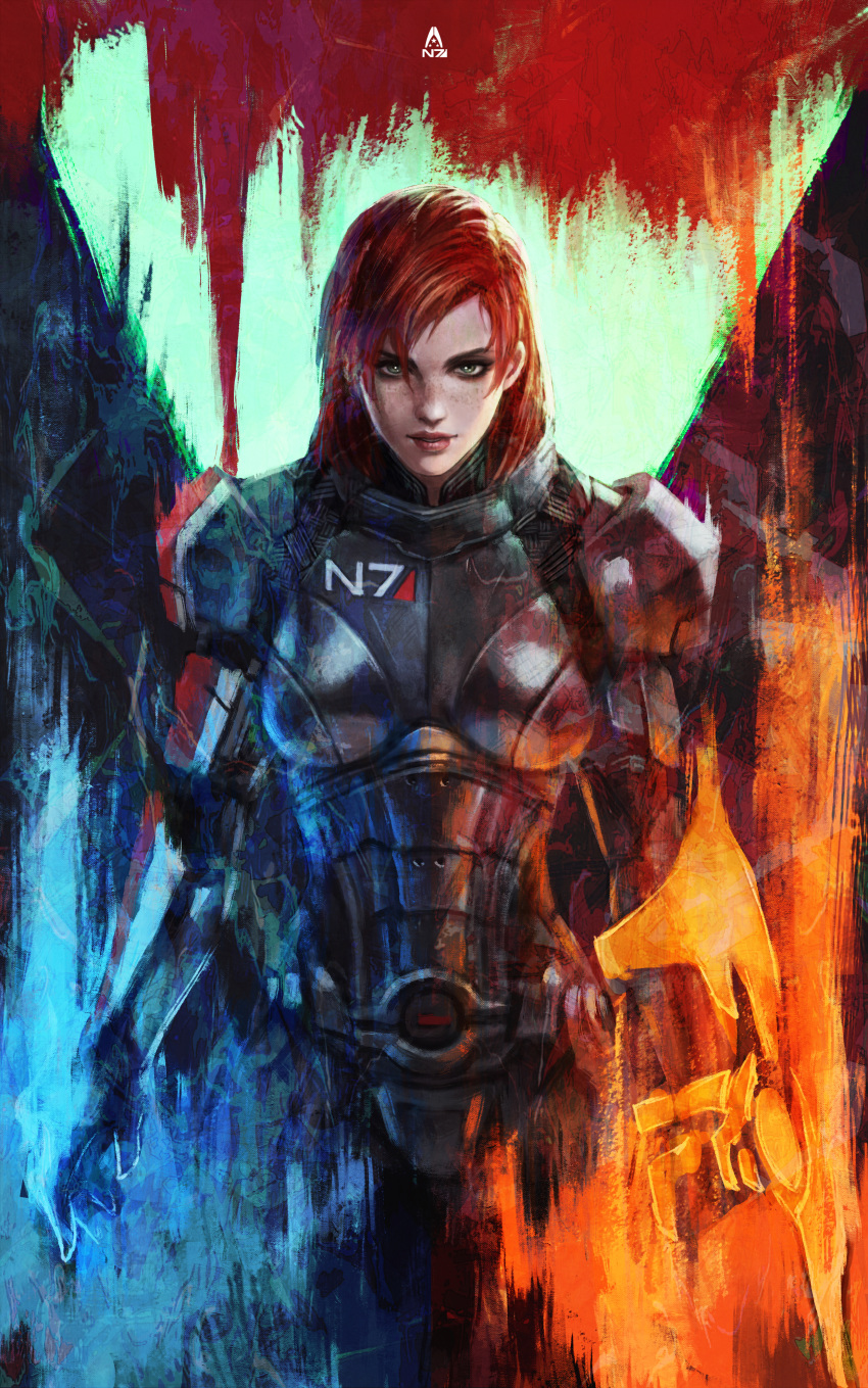 absurdres arm_blade commander_shepard commander_shepard_(female) commentary energy_sword english_commentary eyeshadow female freckles green_eyes highres lips makeup mass_effect_(series) mass_effect_3 medium_hair monori_rogue n7_armor nose omni-blade omnitool panties photoshop_(medium) red_hair solo sword underwear weapon