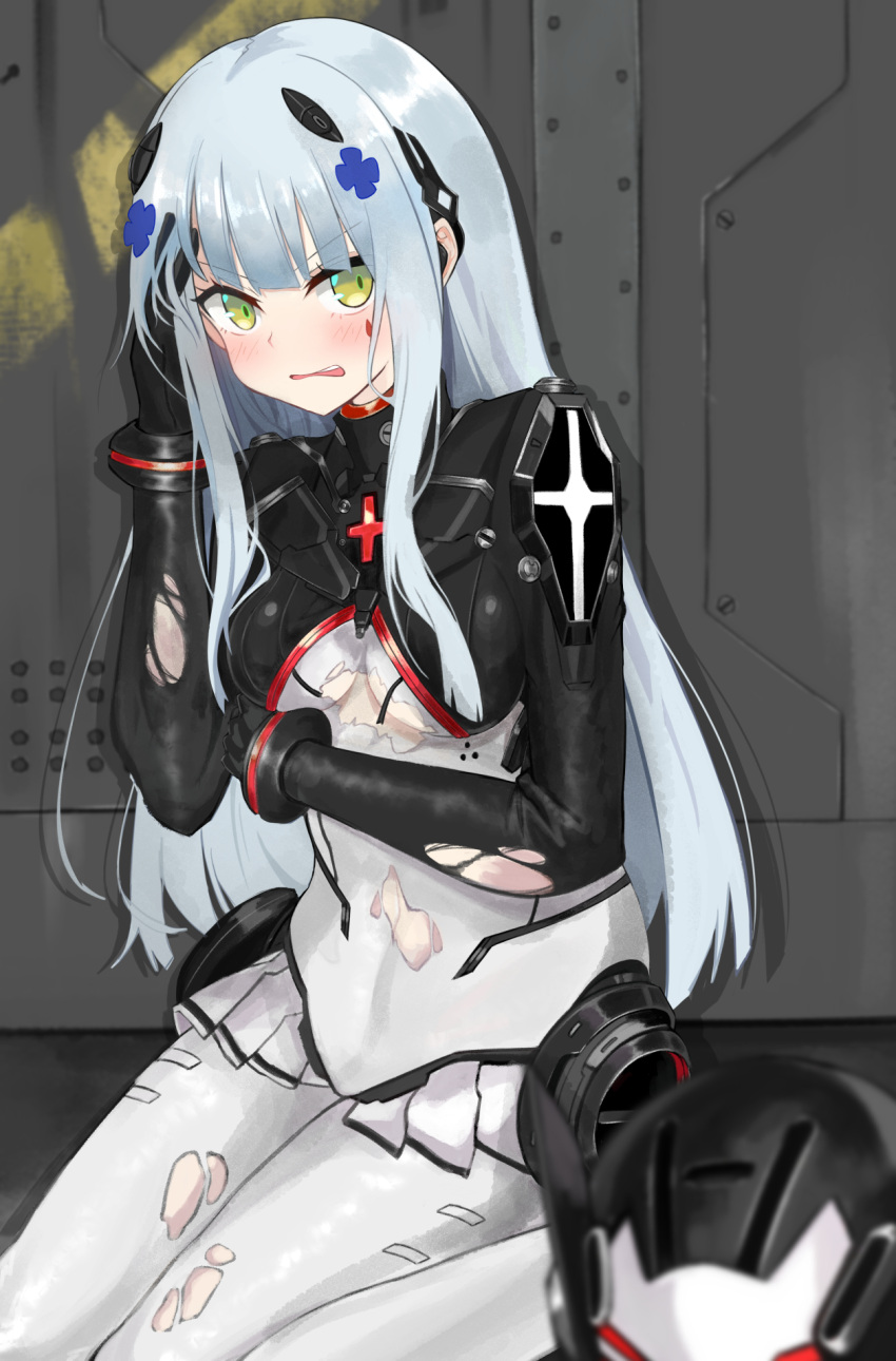 blunt_bangs blush breasts cowboy_shot female girls'_frontline green_eyes hand_on_own_head helmet highres hk416_(girls'_frontline) hk416_(midnight_evangelion)_(girls'_frontline) kneeling koenza_botoke long_hair medium_breasts official_alternate_costume open_mouth plugsuit sidelocks solo teardrop_tattoo torn_clothes underboob very_long_hair