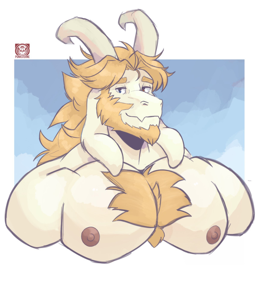 anthro asgore_dreemurr beard blonde_hair body_hair boss_monster_(undertale) bovid bust_portrait caprine chest_hair chest_tuft facial_hair fur hair heterochromia hi_res horn looking_at_viewer male mammal mature_anthro mature_male muscular muscular_anthro muscular_male nipples nude pecs portrait smile solo tuft undertale undertale_(series) vier_punksterne white_body white_fur yellow_body yellow_fur