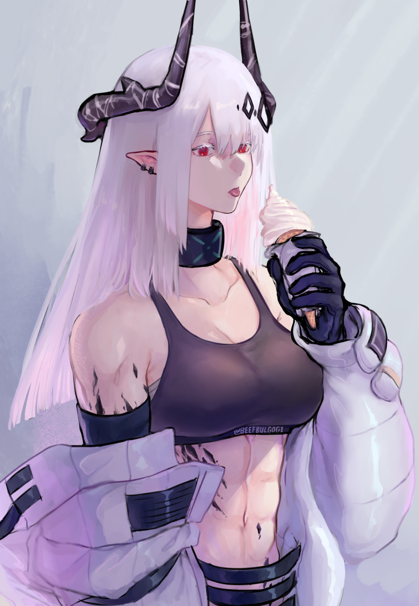 :p abs arknights bare_shoulders black_choker black_gloves black_sports_bra breasts choker cleavage collarbone colored_eyelashes commentary crop_top female food gloves grey_background hair_between_eyes hand_up highres holding holding_food horns ice_cream ice_cream_cone long_hair long_sleeves material_growth medium_breasts midriff mudrock_(arknights) mudrock_(elite_ii)_(arknights) navel off_shoulder oripathy_lesion_(arknights) pointy_ears red_eyes sarashi solo sports_bra stomach tofucakes tongue tongue_out upper_body white_hair