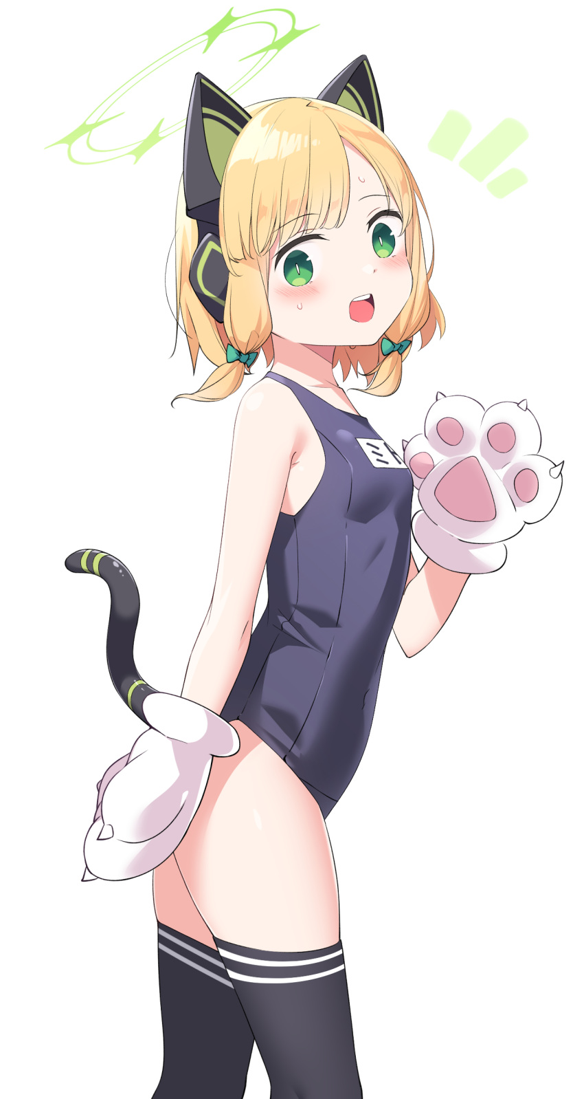 absurdres animal_ear_headphones animal_ears animal_hands black_thighhighs blonde_hair blue_archive blush breasts bright_pupils cat_paws commentary covered_navel fake_animal_ears female from_side gloves green_eyes halo hand_up headphones highres kandori looking_at_viewer midori_(blue_archive) notice_lines one-piece_swimsuit open_mouth paw_gloves school_swimsuit short_hair simple_background slit_pupils small_breasts solo sweat swimsuit symbol-only_commentary tail teeth thighhighs upper_teeth_only white_background white_pupils