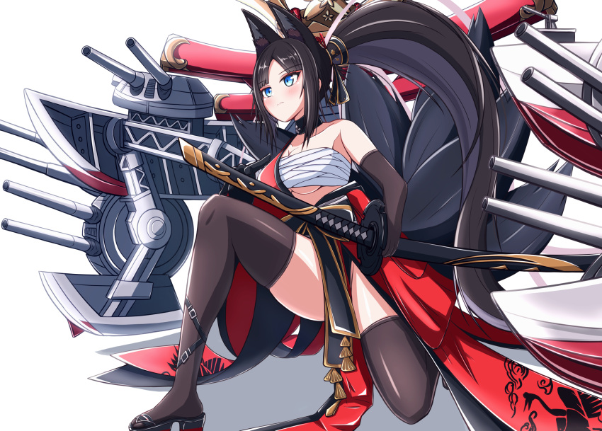 animal_ear_fluff animal_ears artillery asymmetrical_clothes azur_lane bandages black_choker black_footwear black_gloves black_tail black_thighhighs blue_eyes breasts brown_hair chest_sarashi choker degawa1121 dress elbow_gloves female full_body gloves highres holding holding_sword holding_weapon japanese_clothes kii_(azur_lane) kitsune kyuubi large_tail long_hair medium_breasts multiple_tails pelvic_curtain ponytail red_dress rigging sarashi sheath sheathed simple_background single_bare_shoulder solo sword tail thighhighs turret very_long_hair weapon white_background