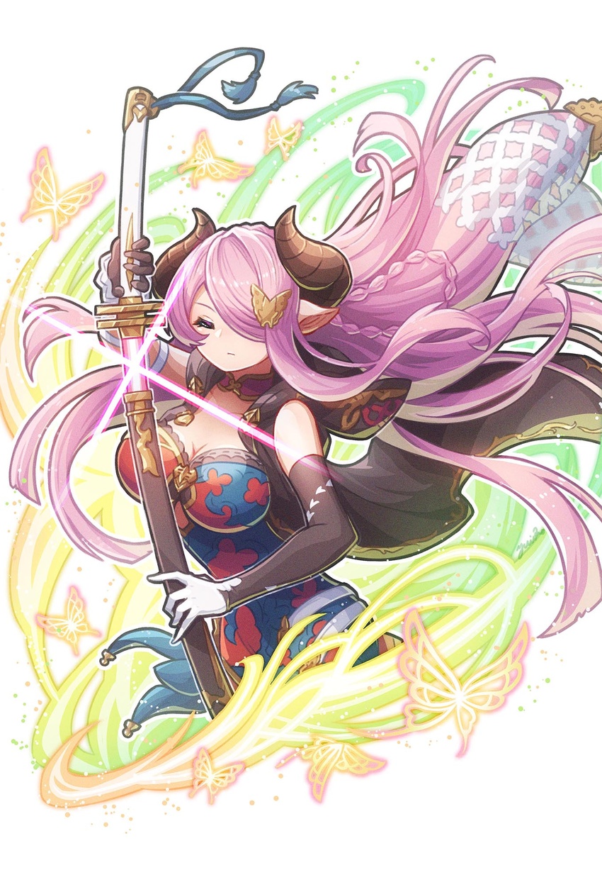 bare_shoulders braid breasts cleavage closed_eyes closed_mouth draph elbow_gloves female gloves granblue_fantasy hair_ornament hair_over_one_eye highres horns katana large_breasts light_purple_hair long_hair narmaya_(granblue_fantasy) pointy_ears single_braid solo sword tachi_(weapon) very_long_hair weapon yuiko_(yuiyuiko_108)