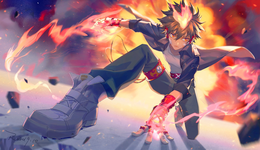 1boy bandage_on_face bandages brown_hair cuts explosion fingerless_gloves fire gloves highres injury jacket katekyo_hitman_reborn! male_focus orange_eyes pants pose ru_(famia) sawada_tsunayoshi shirt shoes short_hair solo spiked_hair superhero_landing white_shirt