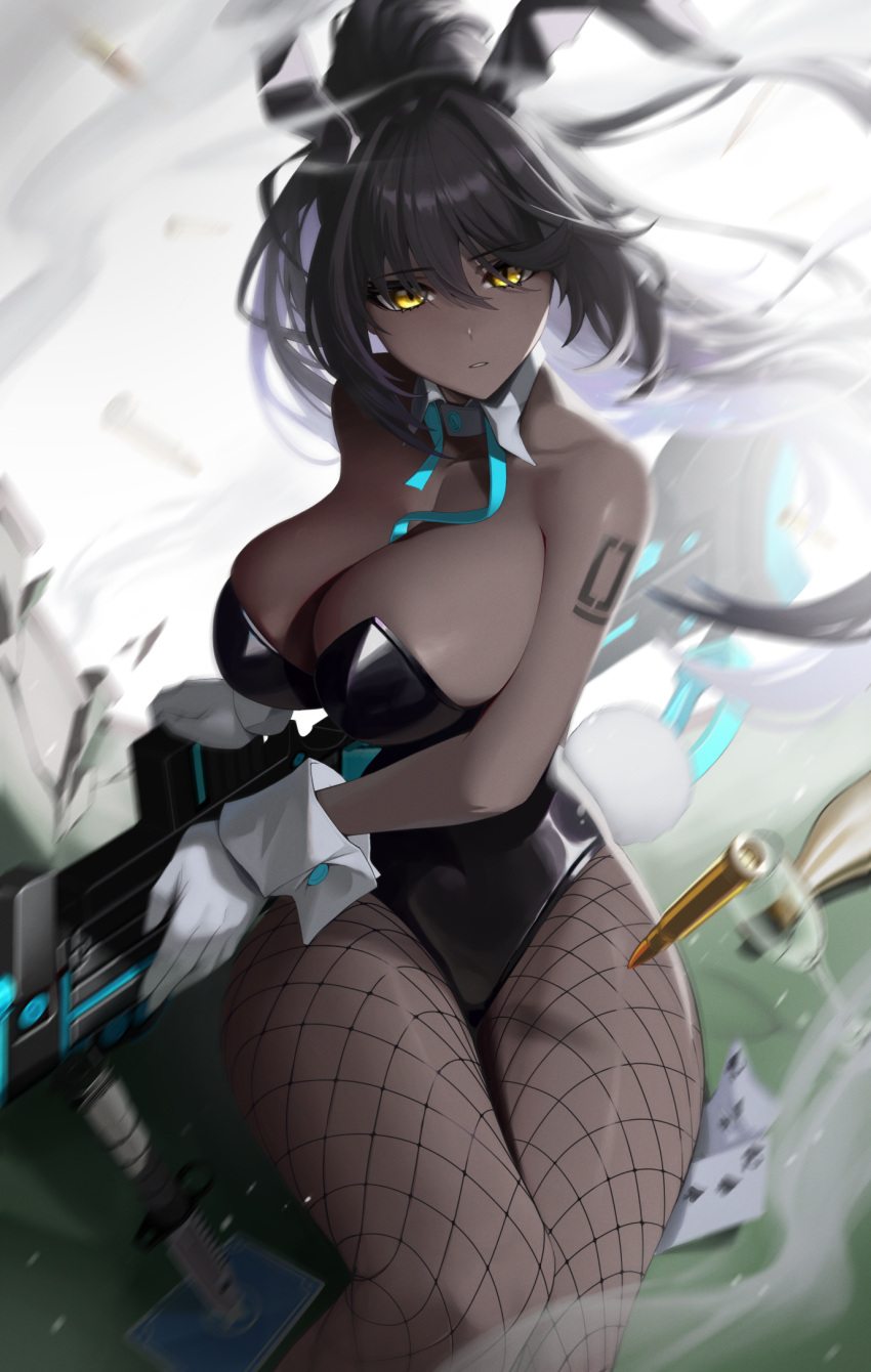 animal_ears black_hair black_leotard blue_archive blue_bow blue_bowtie bow bowtie boys_anti_tank_rifle breasts bullet card cleavage commentary dark-skinned_female dark_skin detached_collar fake_animal_ears female fishnet_pantyhose fishnets gloves gradient_hair highres karin_(blue_archive) karin_(bunny)_(blue_archive) large_breasts leotard magictuna multicolored_background multicolored_hair number_tattoo official_alternate_costume pantyhose playboy_bunny playing_card purple_hair rabbit_ears shoulder_tattoo sideboob solo strapless strapless_leotard tattoo traditional_bowtie white_gloves wrist_cuffs yellow_eyes