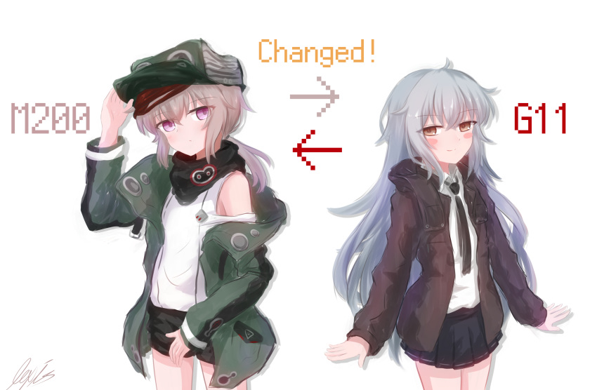 2girls absurdres arrow_(symbol) character_name cosplay costume_switch english_text g11_(girls'_frontline) g11_(girls'_frontline)_(cosplay) girls'_frontline grey_hair highres jacket korean_commentary lexis_yayoi long_hair m200_(girls'_frontline) m200_(girls'_frontline)_(cosplay) multiple_girls necktie ponytail purple_eyes scarf shorts skirt white_hair