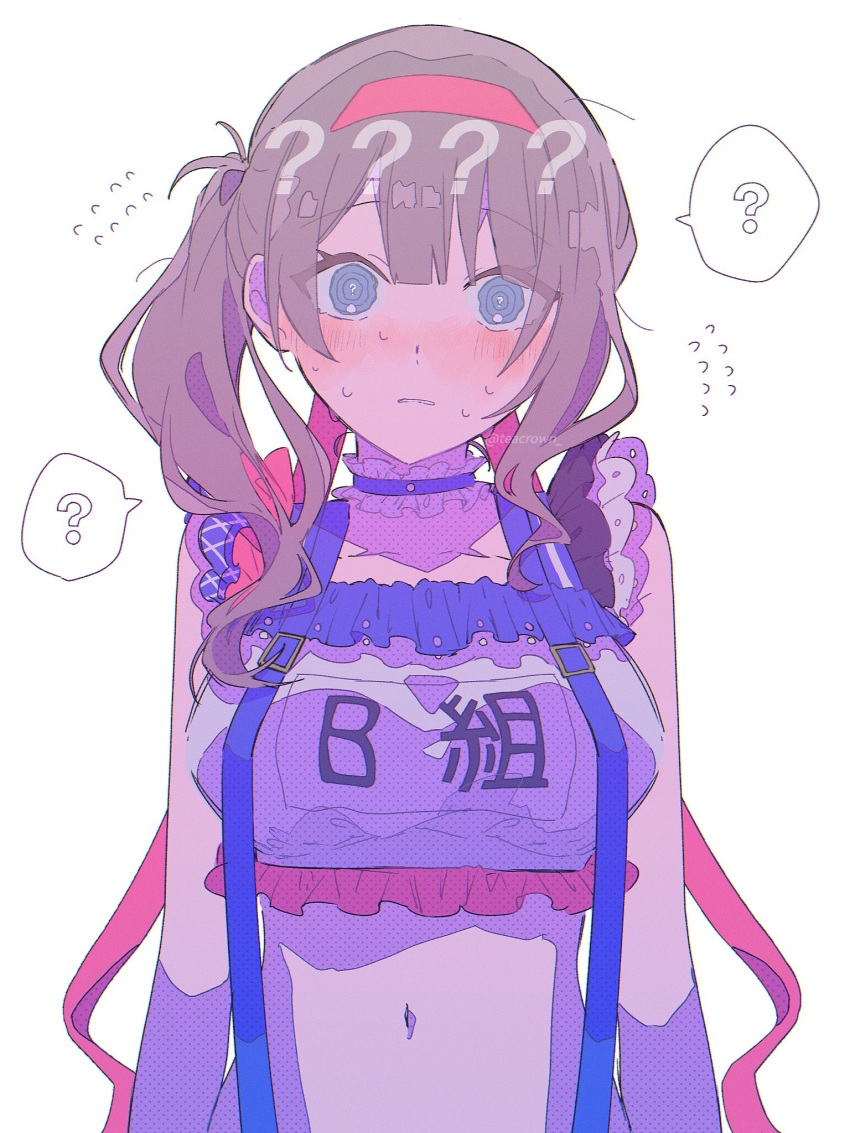 ? ?? @_@ arms_at_sides bare_arms blue_choker blue_eyes blunt_bangs breasts brown_hair choker clothes_writing collarbone commentary crop_top doily eyelashes eyes_visible_through_hair female flying_sweatdrops frilled_choker frills halftone hashire!_taiikumatsuri!_~jikkou_iin_wa_ooisogashi~_(project_sekai) headband highres large_breasts light_blush looking_at_viewer mochizuki_honami navel nervous parted_bangs parted_lips pink_headband project_sekai question_mark_in_eye shy side_ponytail simple_background single_sidelock solo speech_bubble spoken_question_mark sportswear stomach suspenders sweat symbol-only_commentary symbol_in_eye teacrown twitter_username upper_body wavy_hair white_background wide-eyed