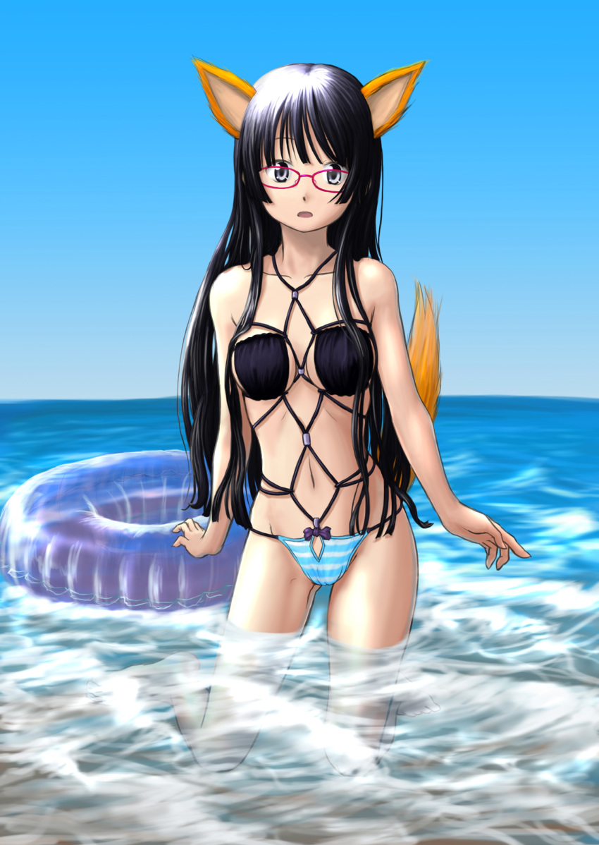 absurdres akiyama_mio animal_ears bangs bikini black_eyes black_hair blunt_bangs bondage breasts chairopen female glasses highres hime_cut innertube k-on! kemonomimi long_hair megane mizugi ocean shibarikini solo swimsuit tail water