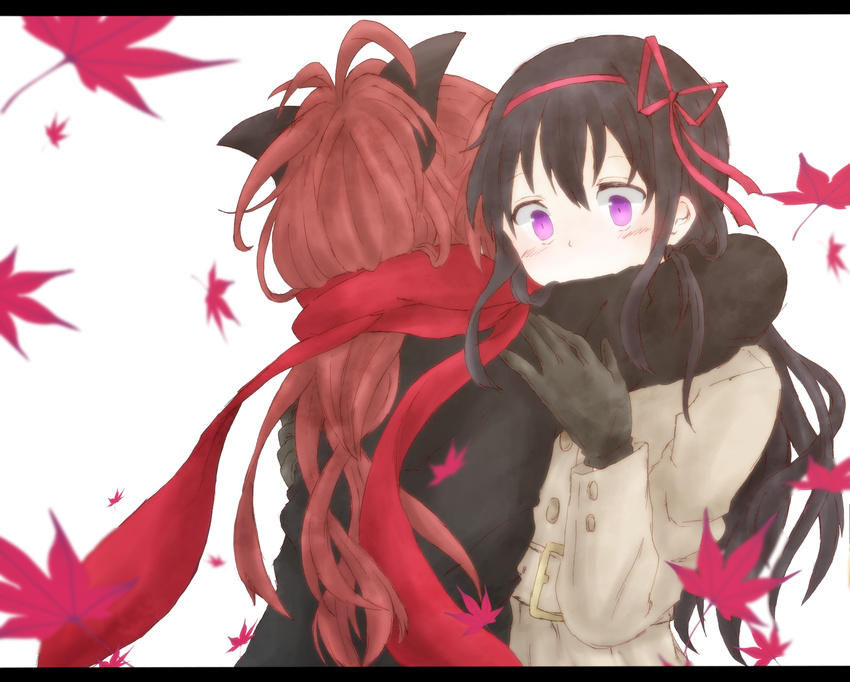 2girls akemi_homura autumn_leaves bad_id bad_pixiv_id black_gloves black_hair bow gloves hair_ribbon hairbow highres hug letterboxed long_hair mahou_shoujo_madoka_magica mahou_shoujo_madoka_magica_(anime) multiple_girls ponytail purple_eyes red_hair ribbon sakura_kyoko scarf simple_background surprised white_background winter_clothes wosusi