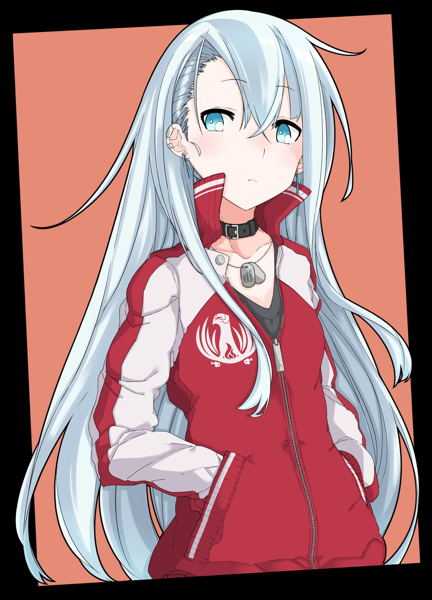 absurdres alternate_costume black_shirt blue_eyes commentary_request dog_tags female grey_hair hair_between_eyes hands_in_pockets hibiki_(kancolle) highres jacket kantai_collection kirishina_(raindrop-050928) long_hair long_sleeves red_jacket shirt solo upper_body